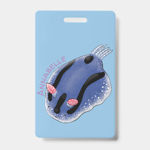 Cute happy blue nudibranch cartoon illustration ID badge