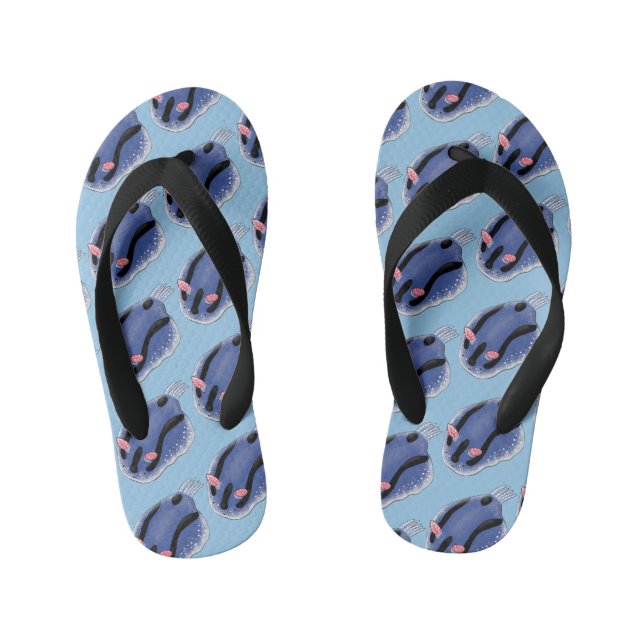 Cute happy blue nudibranch cartoon illustration kid's flip flops (Footbed)