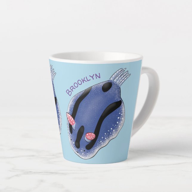Cute happy blue nudibranch cartoon illustration latte mug (Right Angle)