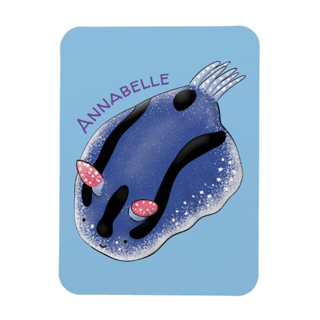 Cute happy blue nudibranch cartoon illustration magnet (Vertical)