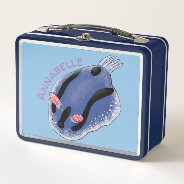 Cute happy blue nudibranch cartoon illustration metal lunch box (Front)