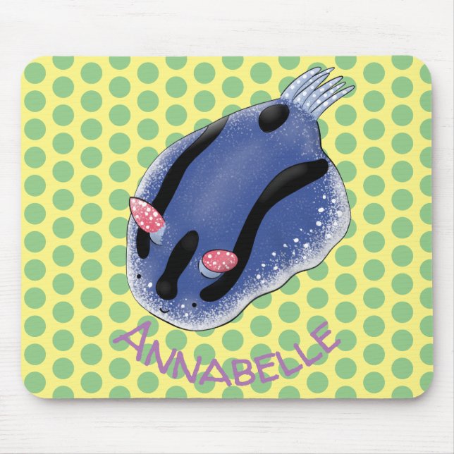 Cute happy blue nudibranch cartoon illustration mouse mat (Front)