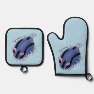 Cute happy blue nudibranch cartoon illustration oven mitt & pot holder set