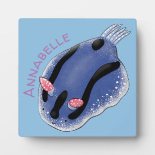 Cute happy blue nudibranch cartoon illustration plaque