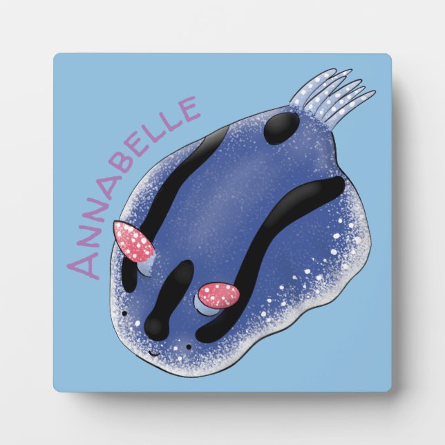 Cute happy blue nudibranch cartoon illustration plaque (Front)