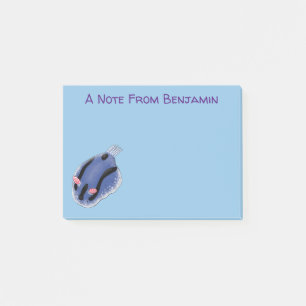 Cute happy blue nudibranch cartoon illustration post-it notes