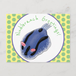Cute happy blue nudibranch cartoon illustration postcard