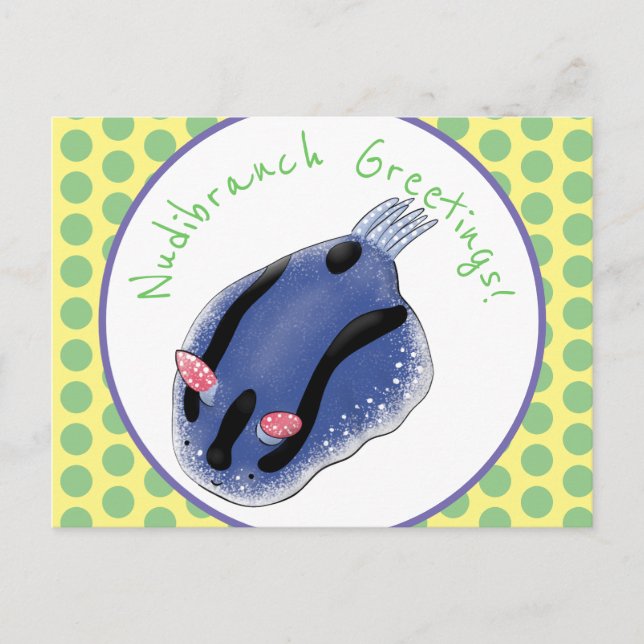 Cute happy blue nudibranch cartoon illustration postcard (Front)