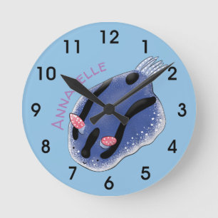 Cute happy blue nudibranch cartoon illustration round clock