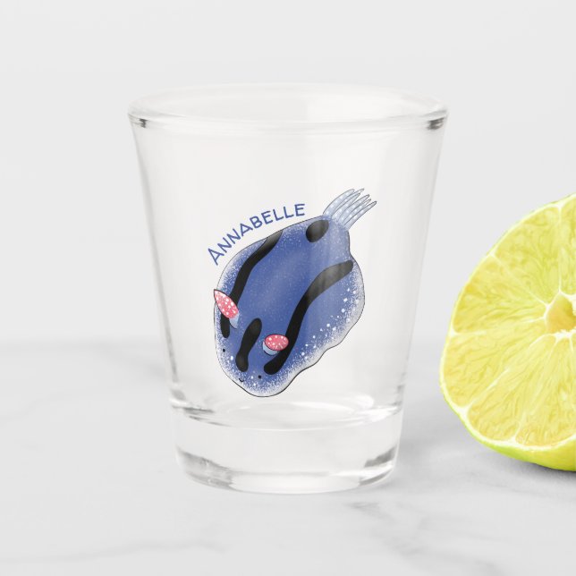 Cute happy blue nudibranch cartoon illustration  shot glass (Front)