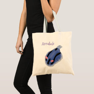Cute happy blue nudibranch cartoon illustration tote bag