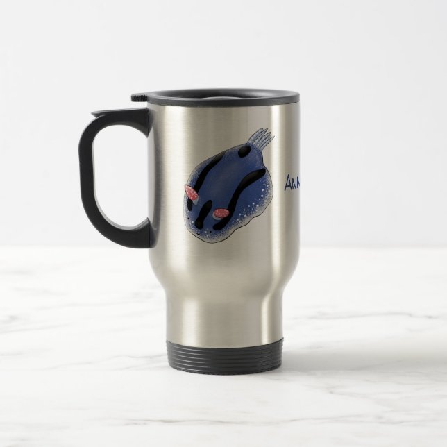 Cute happy blue nudibranch cartoon illustration travel mug (Left)