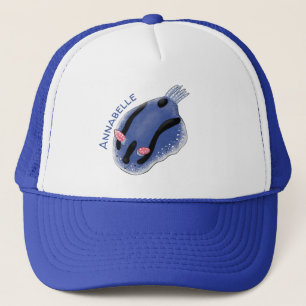 Cute happy blue nudibranch cartoon illustration trucker hat