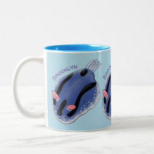 Cute happy blue nudibranch cartoon illustration Two-Tone coffee mug