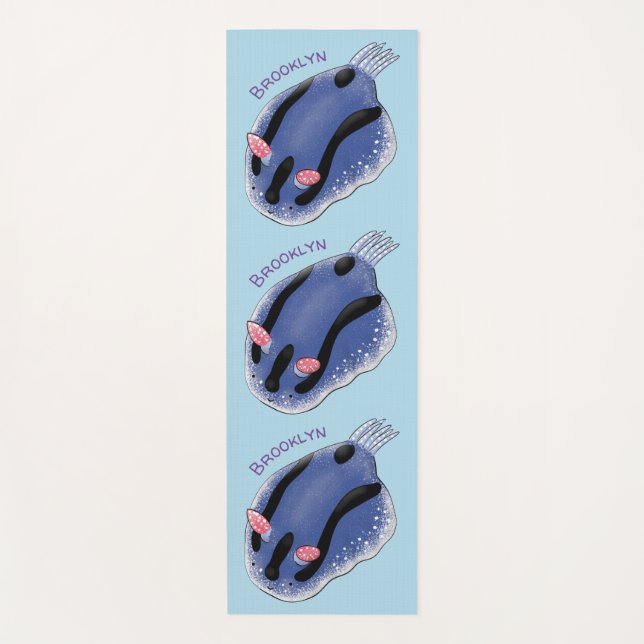 Cute happy blue nudibranch cartoon illustration yoga mat (Front)
