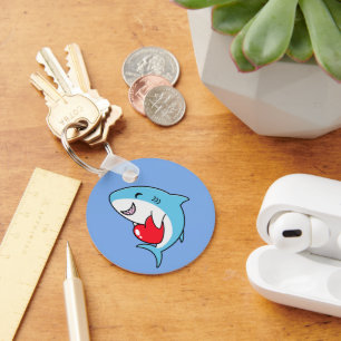 Cute Happy Blue Shark Holding a Red Heart Key Ring
