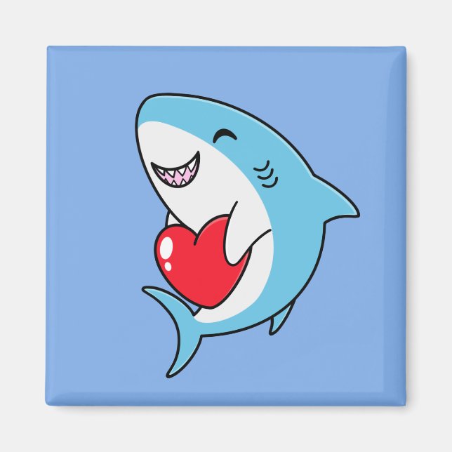 Cute Happy Blue Shark Holding a Red Heart Magnet (Front)