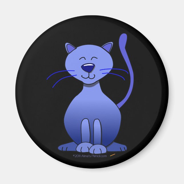 Cute Happy Blue Smiling Cat on Black Magnet (Front)