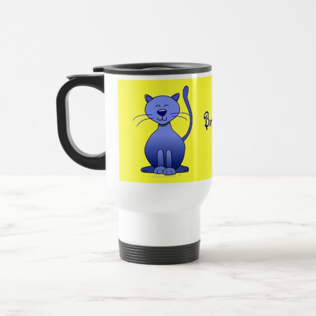 Cute Happy Blue Smiling Cat Personalised Yellow Travel Mug (Left)