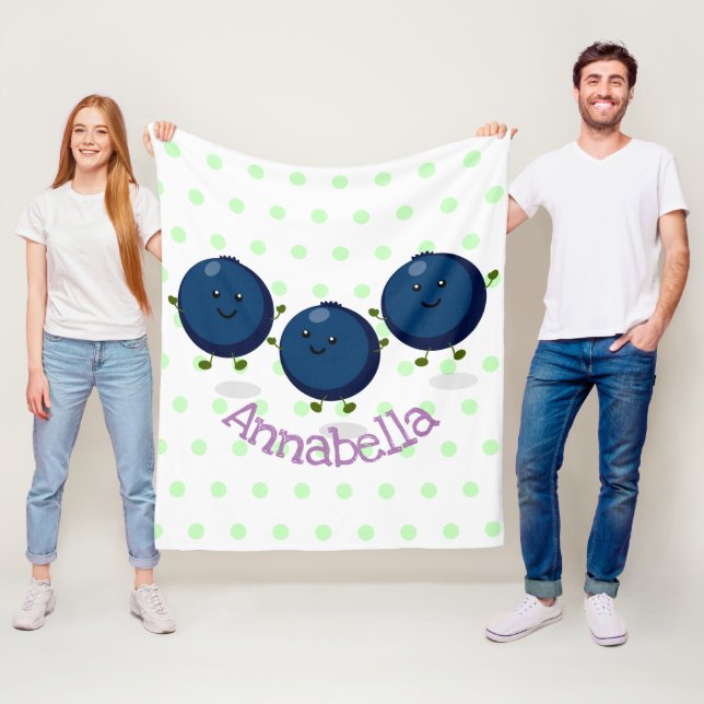 Cute happy blueberries purple cartoon illustration fleece blanket (In Situ)