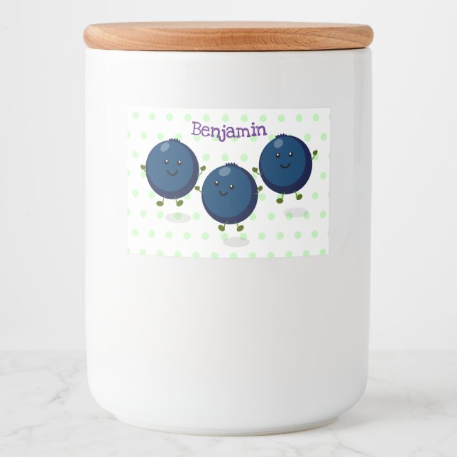 Cute happy blueberries purple cartoon illustration food label (Front)