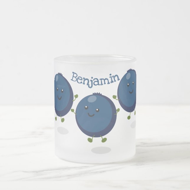 Cute happy blueberries purple cartoon illustration frosted glass coffee mug (Center)