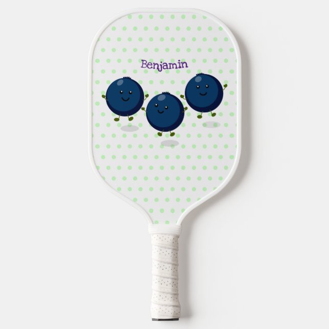 Cute happy blueberries purple cartoon illustration pickleball paddle (Front)