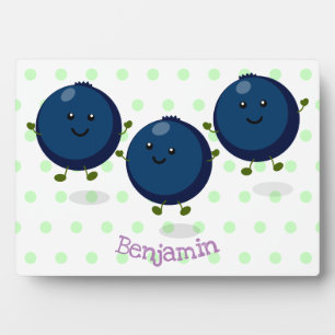 Cute happy blueberries purple cartoon illustration plaque