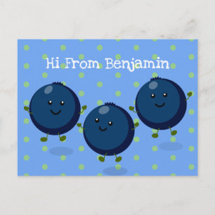 Cute happy blueberries purple cartoon illustration postcard