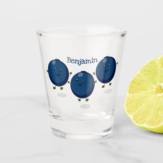 Cute happy blueberries purple cartoon illustration shot glass (Front)