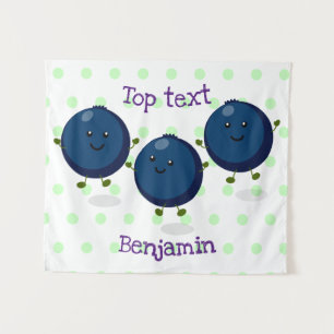 Cute happy blueberries purple cartoon illustration tapestry