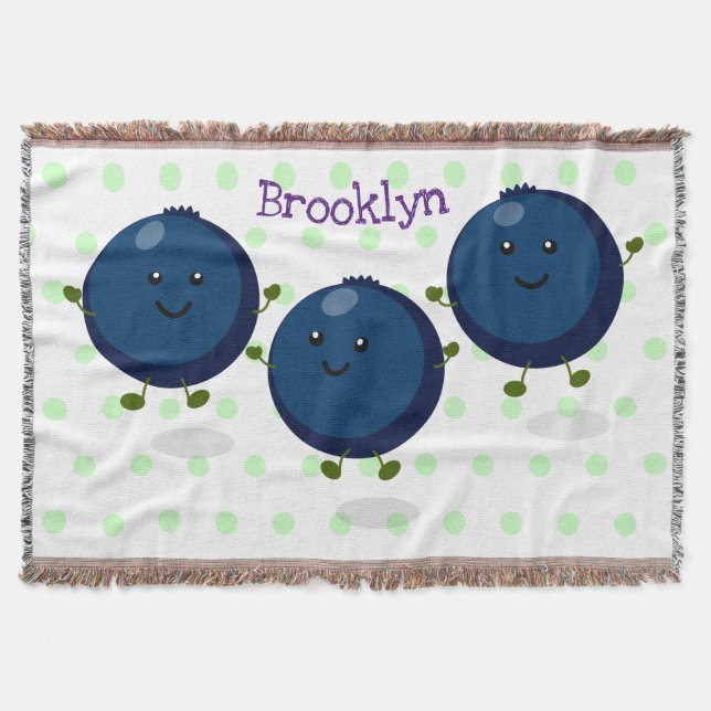 Cute happy blueberries purple cartoon illustration throw blanket (Front)
