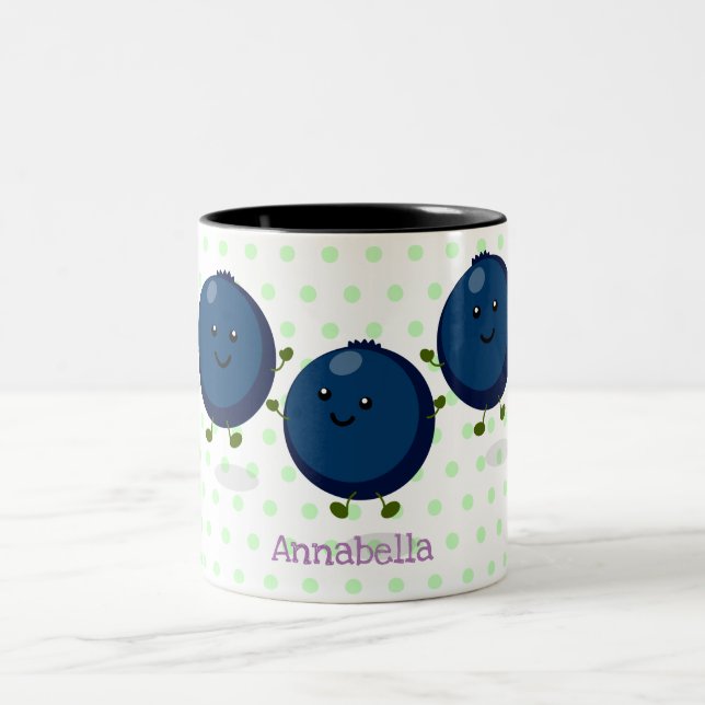 Cute happy blueberries purple cartoon illustration Two-Tone coffee mug (Center)
