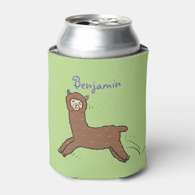 Cute happy brown alpaca cartoon can cooler (Can Front)