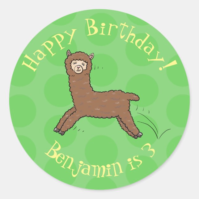 Cute happy brown alpaca cartoon classic round sticker (Front)