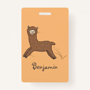 Cute happy brown alpaca cartoon ID badge