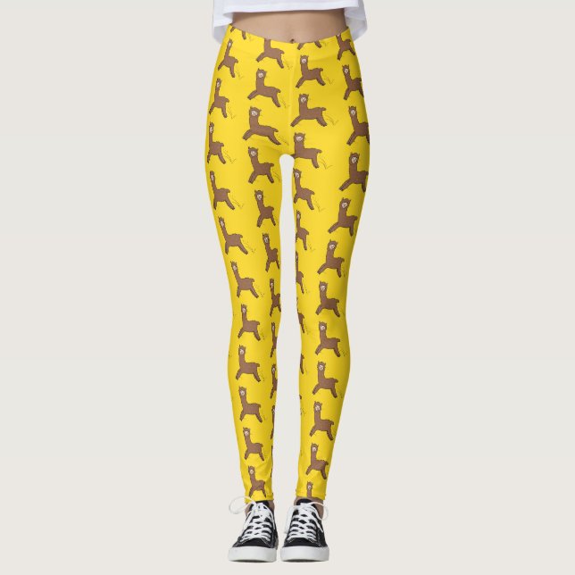 Cute happy brown alpaca cartoon leggings (Front)