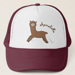 Cute happy brown alpaca cartoon trucker hat