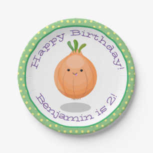 Cute happy brown onion cartoon illustration paper plate