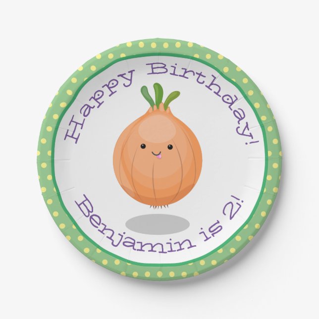 Cute happy brown onion cartoon illustration paper plate (Front)