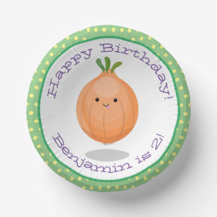 Cute happy brown onion cartoon illustration paper plate