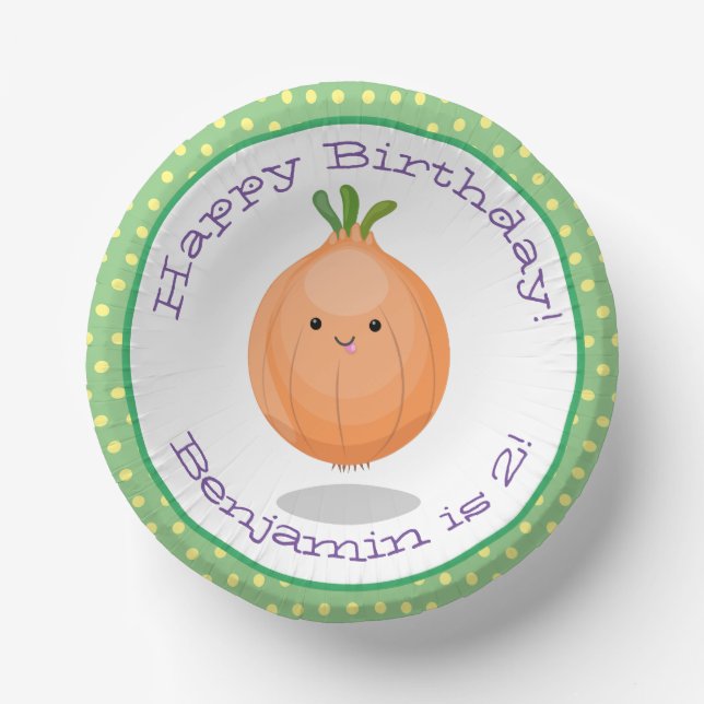 Cute happy brown onion cartoon illustration paper plate (Front)