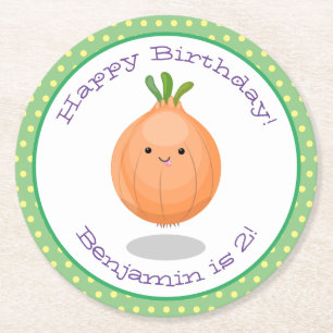 Cute happy brown onion cartoon illustration round paper coaster