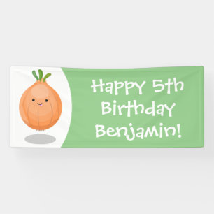 Cute happy brown onion green cartoon illustration banner