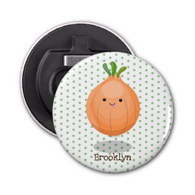 Cute happy brown onion green cartoon illustration bottle opener (Front)