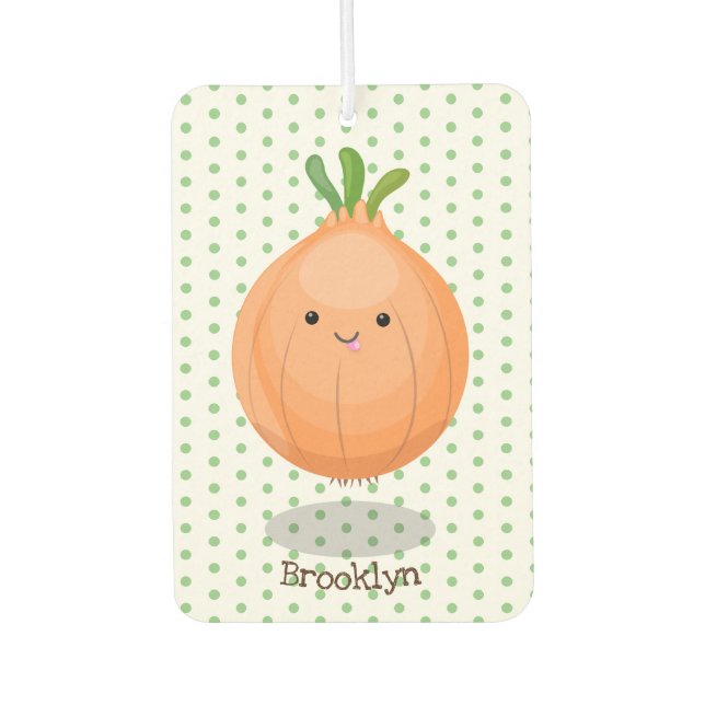 Cute happy brown onion green cartoon illustration car air freshener (Front)