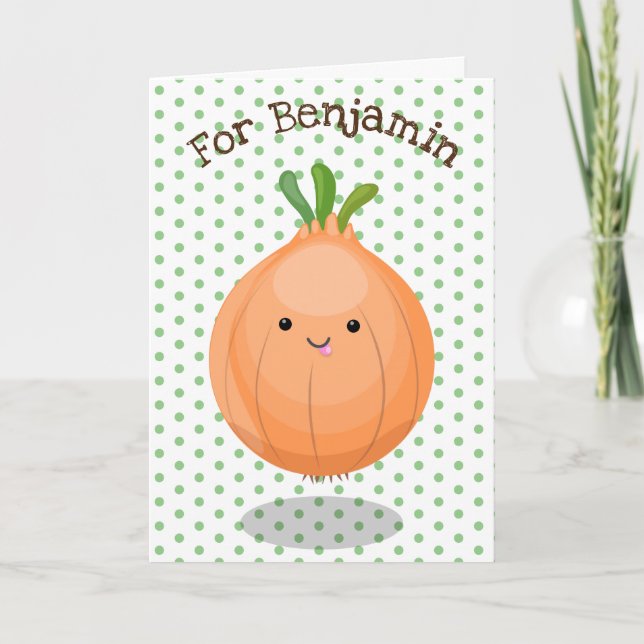 Cute happy brown onion green cartoon illustration card (Front)