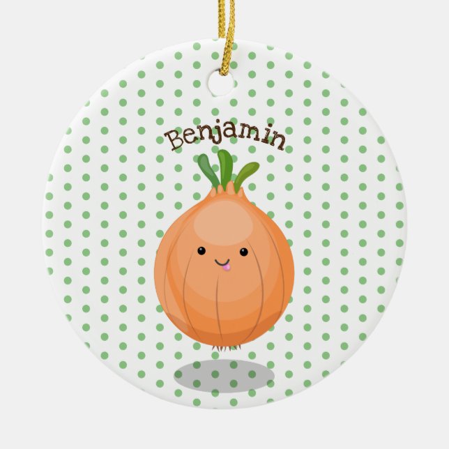 Cute happy brown onion green cartoon illustration ceramic tree decoration (Front)