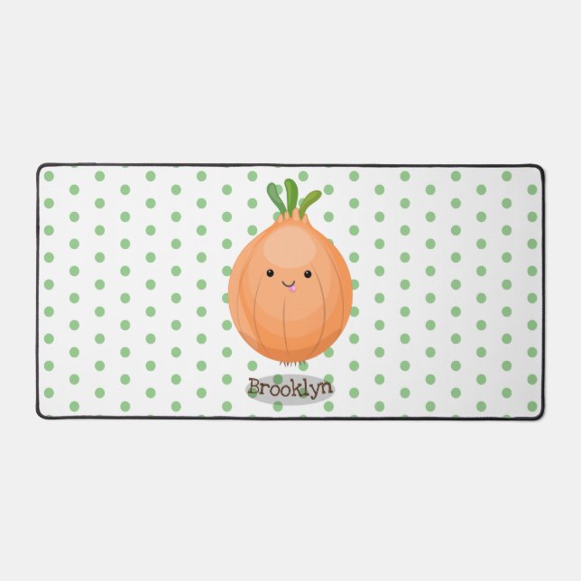 Cute happy brown onion green cartoon illustration desk mat (Front)