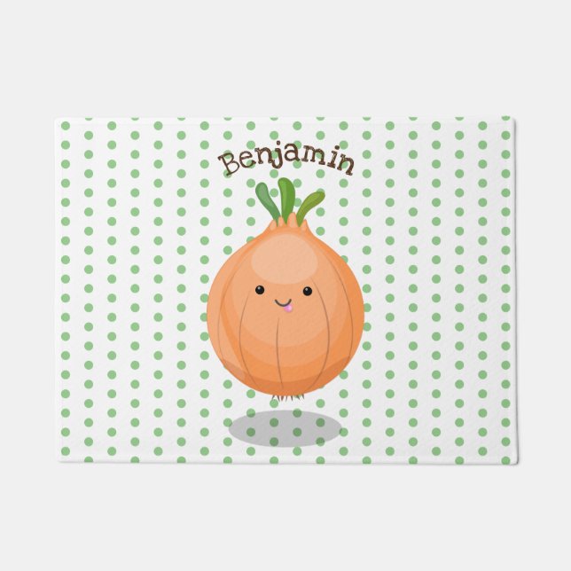 Cute happy brown onion green cartoon illustration doormat (Front)